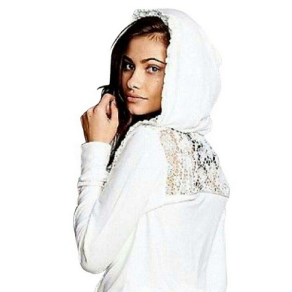 Beach Bunny Lounge Women Ivory Cream Lace Zip Hoodie Sweatshirt Top. Size XS